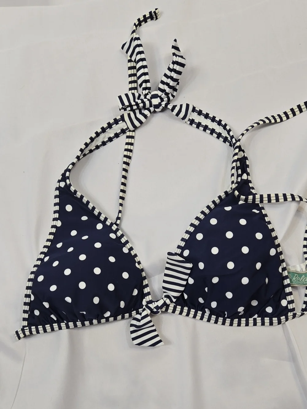 Tommy BahamaNavy Polka Dot Triangle Bikini Top with Striped Trim L